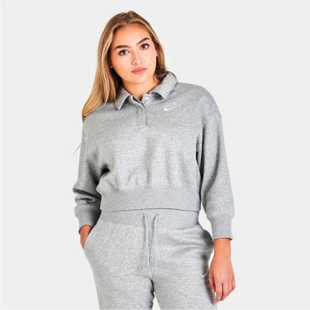 Nike Phoenix Fleece Cropped Polo Sweatshirt S Grey